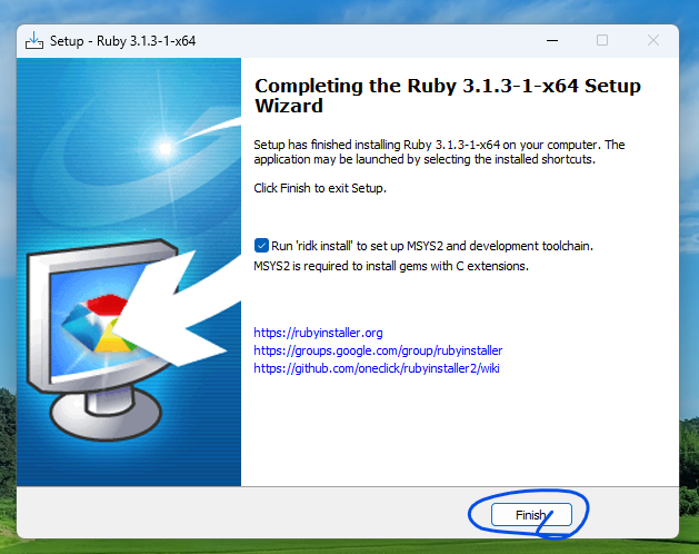Completing the Ruby 3.1.3-1-x64 Setup Wizard