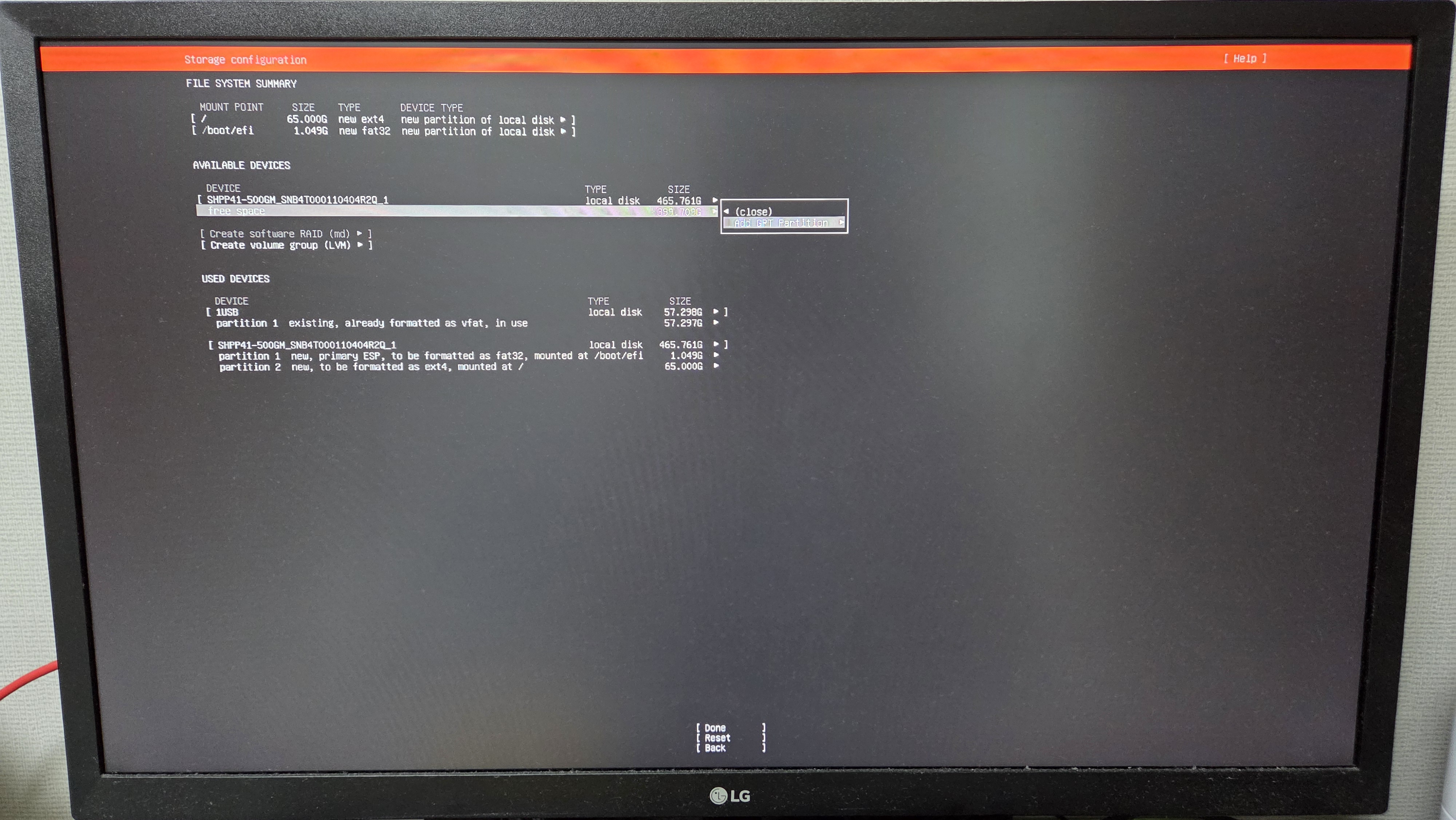 Storage configuration(free space 399.709G)